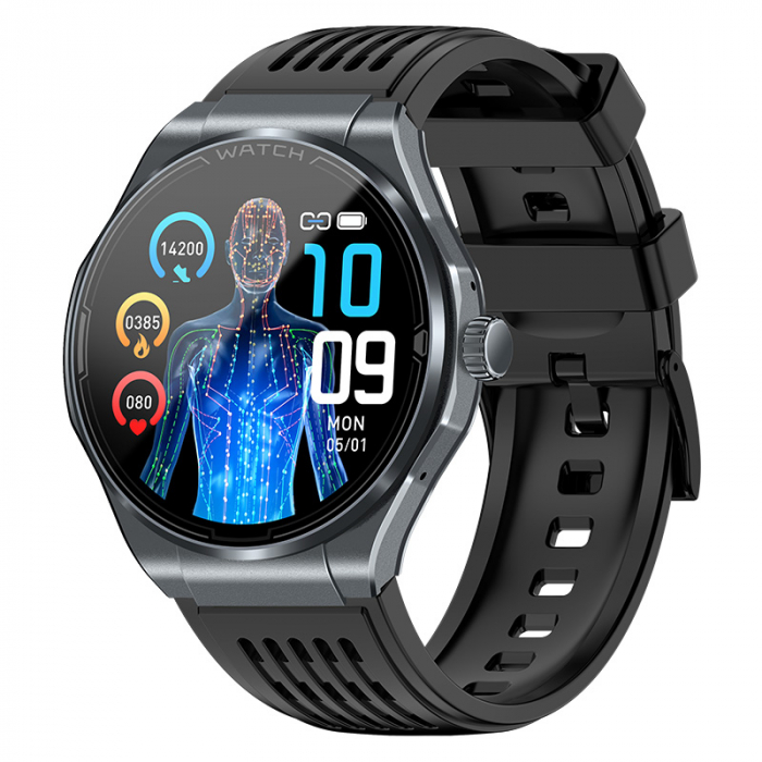 Smartwatch iSEN JA03 Negru, AMOLED 1.43  HD, Glicemie, Apel Bt, Apel SOS, Asist. vocala, Nivel radiatii, EKG, Acid uric, Lipide sange, Masa
