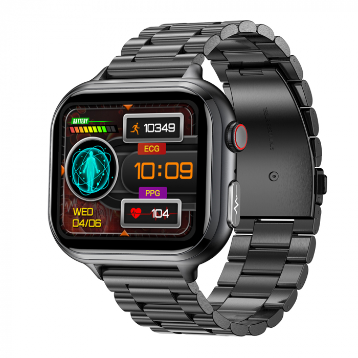 Smartwatch iSEN TK17 Argintiu, Otel, 1.91   HD, ECG, Ritm Cardiac, Oxigen in Sange, Glicemie, Tensiune Arteriala, Acid Uric, BMI, Monitorizare Somn, Moduri Sport, Apeluri, Control Muzica, Vreme, 380mAh