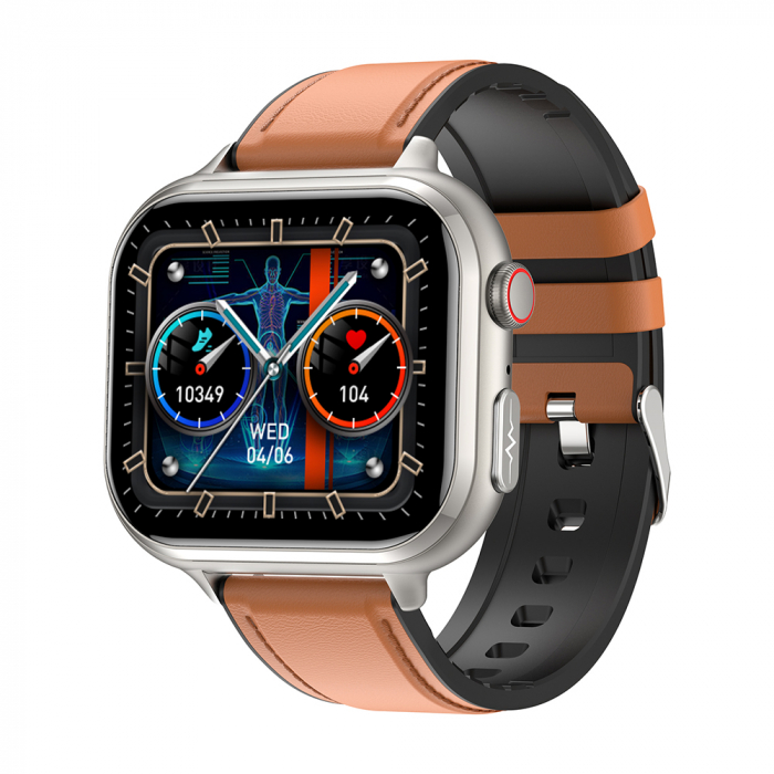 Smartwatch iSEN TK17 Negru, Piele, 1.91   HD, ECG, Ritm Cardiac, Oxigen in Sange, Glicemie, Tensiune Arteriala, Acid Uric, BMI, Monitorizare Somn, Moduri Sport, Apeluri, Control Muzica, Vreme, 380mAh