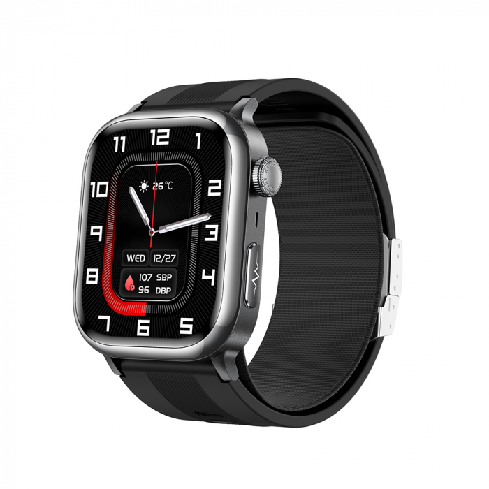 Smartwatch iSEN TK66 Rosu, 2.06   AMOLED, Monitor de tensiune arteriala cu pompa de aer, ECG, Ritm cardiac, oxigen in sange, somn si sanatate, Moduri sport, Apel BT, Control muzica, NFC, 530mAh