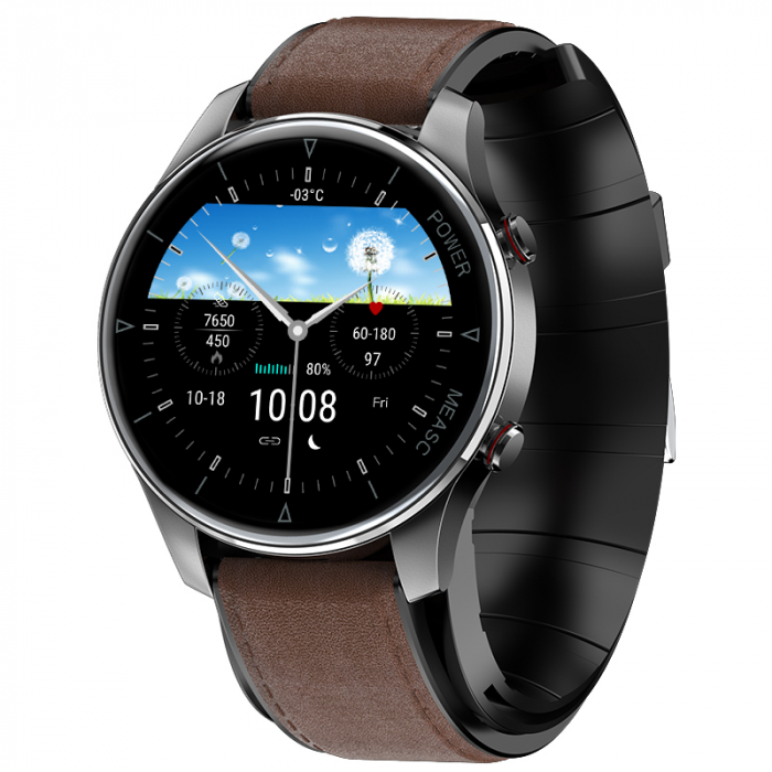 Smartwatch iSEN Watch P50 Negru cu bratara maro inchis din piele, IPS 1.3  , Tensiometru cu manseta gonflabila, Temperatura, Oxigen