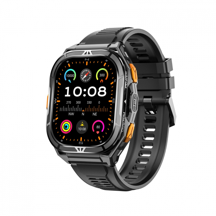 Smartwatch iSEN X5, Gri, Bratara din silicon, AMOLED 1.96  , Ritm cardiac, SpO2, Monitorizare stres, 100+ moduri sport cu GPS, Apel Bluetooth, 530 mAh, Android 6.0 sau iOS 12.0