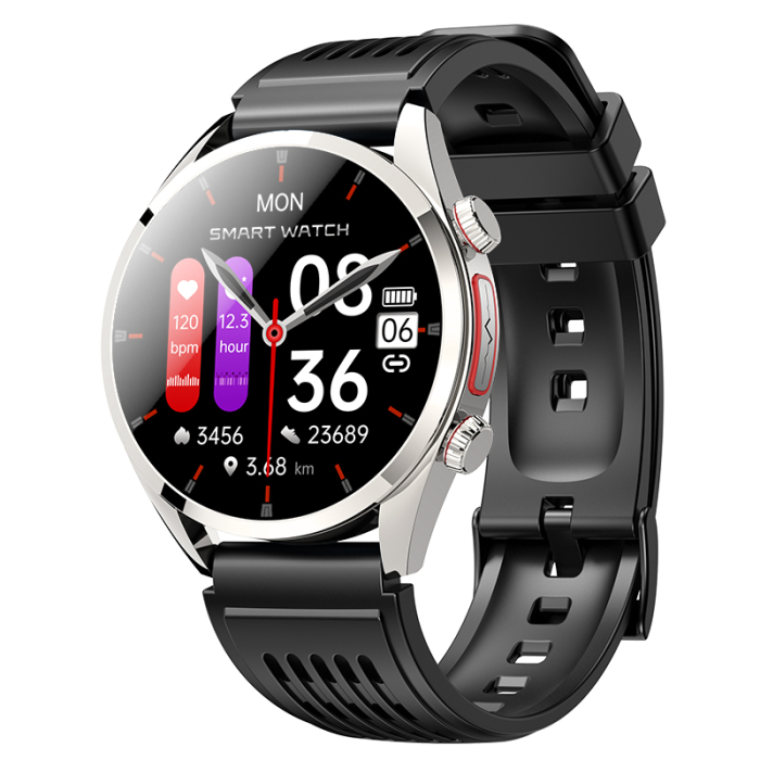 Smartwatch iSEN FE02, Albastru, Curea Silicon Neagra, 1.43   AMOLED, EKG, Ritm Cardiac, SpO2, Glicemie, Tensiune, Moduri Sport, Apelare HD Bluetooth, 350 mAh, Android 5.0 sau iOS 10.0 sau ulterior