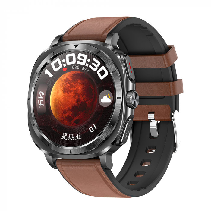 Smartwatch iSEN ET492, Curea piele negru, 1.43   AMOLED HD, HRV, ECG, Monitorizare sanatate, Functii sport, Bluetooth Call, 380 mAh, Android 5.0 or iOS 10.0 sau mai recent, NFC pentru lacate