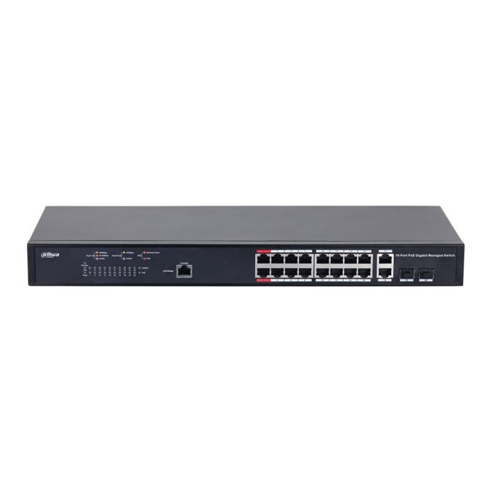 Switch cu 18 porturi Dahua PFS4218-16GT-130, MAC 16K, 56 Gbps, cu management, PoE Switch cu 18 porturi Dahua PFS4218-16GT-130, MAC 16K, 56 Gbps, cu management, PoE