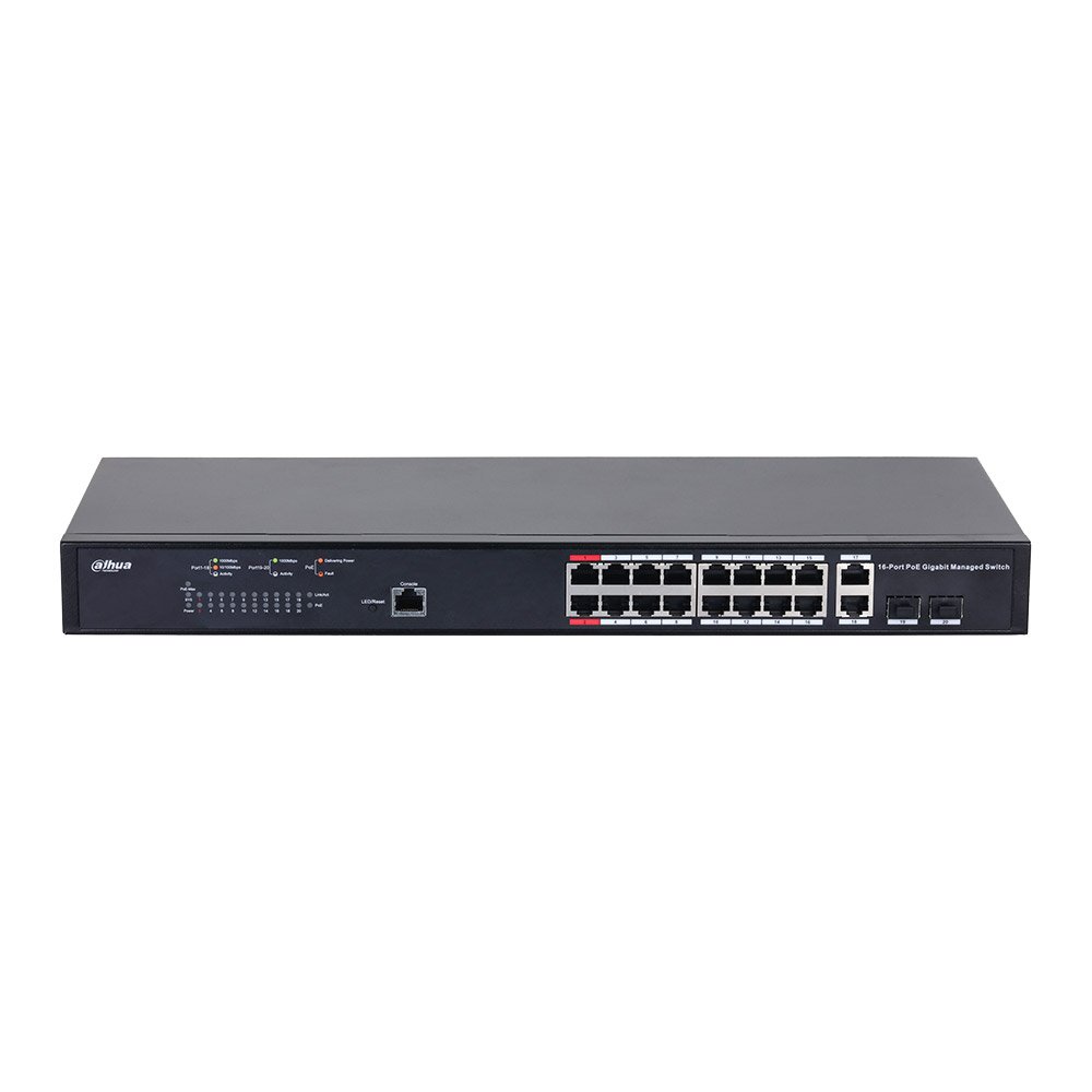 Switch cu 18 porturi Dahua PFS4218-16GT-130, MAC 16K, 56 Gbps, cu management, PoE Switch cu 18 porturi Dahua PFS4218-16GT-130, MAC 16K, 56 Gbps, cu management, PoE