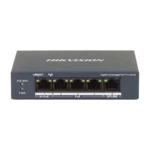 Switch cu 5 porturi Gigabit Hikvision DS-3E0505HP-E, 10 Gbps, 7.44 Mpps, 2000 MAC, Hi-PoE, fara management Switch cu 5 porturi Gigabit Hikvision DS-3E0505HP-E, 10 Gbps, 7.44 Mpps, 2000 MAC, Hi-PoE, fara management