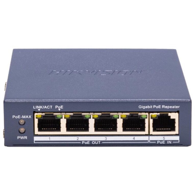 Switch-repetor cu 4 porturi PoE Gigabit Hikvision DS-3E0505P-E/R, 10 Gbps, 7.44 Mpps, 60 W, Layer 2, cu management