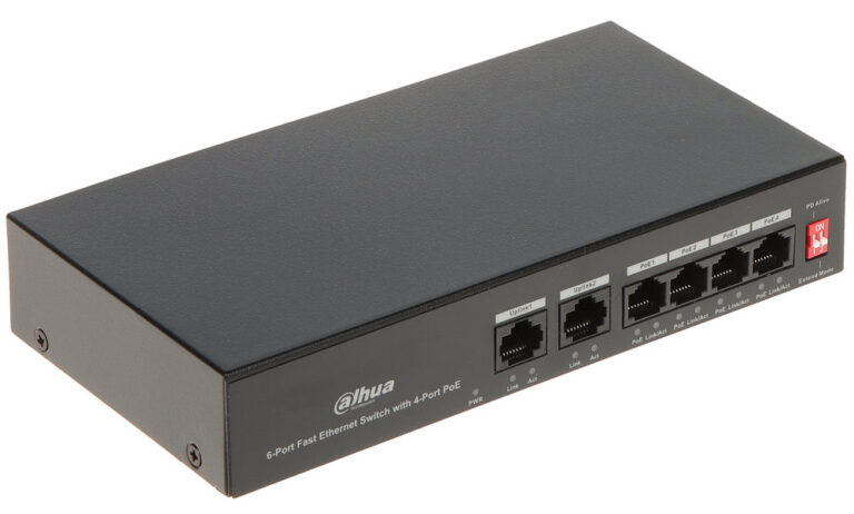 Switch Dahua Eco Series PFS3006-4ET-36, 6 porturi, 4x PoE 10/100Mbps, 2x uplink 10/100Mbps, 36W, Watchdog