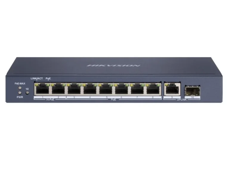 Switch 10 porturi, Hikvision DS-3E0510HP-E, 6x Poe Gb, 2x Hi-PoE Gb, 1x RJ45 Gb, 1x SFP, pana la 120W, Watchdog