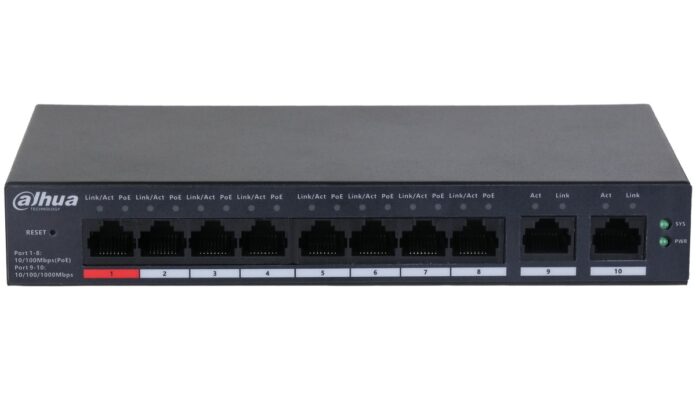 Switch Dahua cu management, 8x porturi PoE 10/100 Mbps si 2x RJ-45 10/100/1000 Mbps (uplink), CS4010-8GT-110