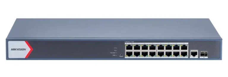 Switch PoE 16 porturi Hikvision DS-3E1518P-EIV2, putere PoE 230W, transmisie PoE 300m