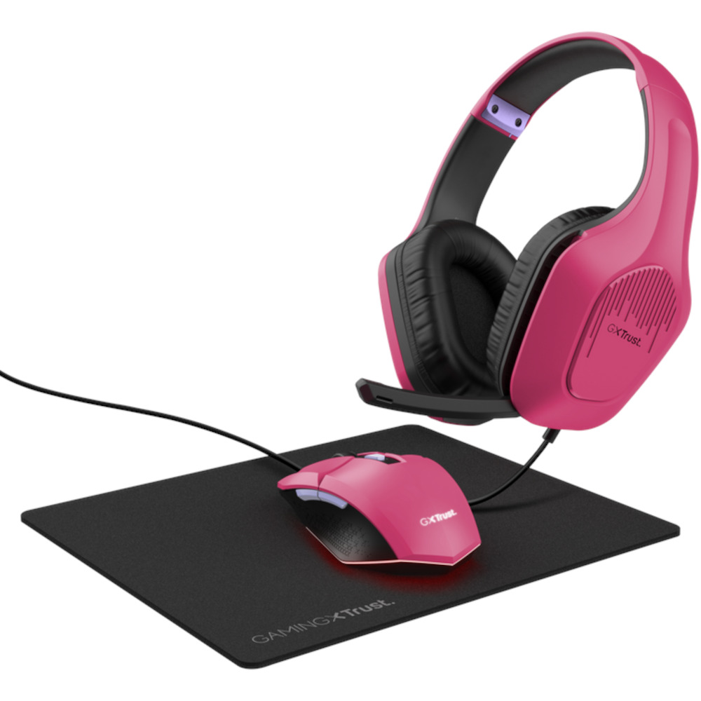 Kit gaming casti, mouse si mousepad Trust GXT 790, 3 in 1, Roz Kit gaming casti, mouse si mousepad Trust GXT 790, 3 in 1, Roz