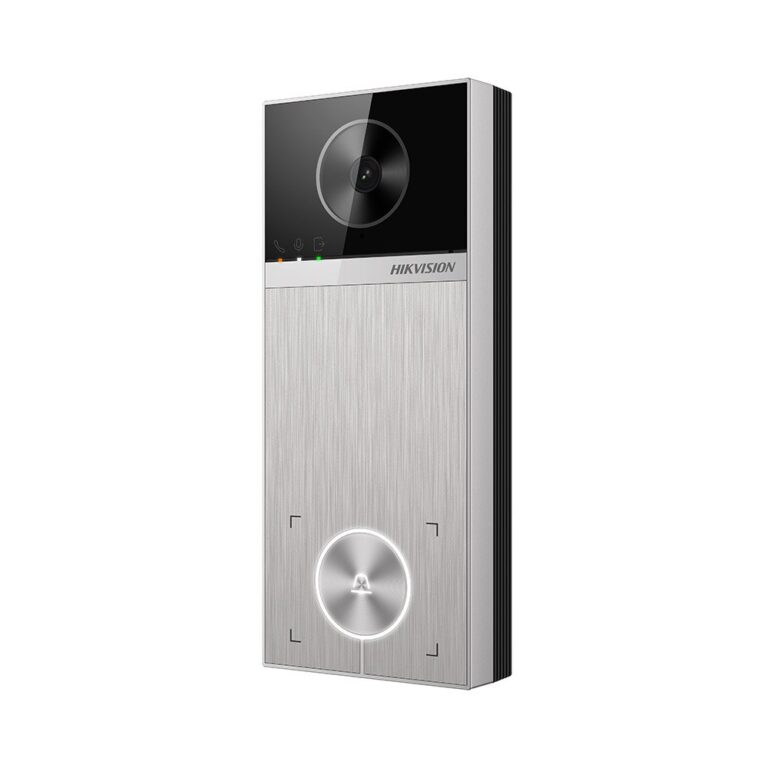 Videointerfon de exterior IP WiFi 6 Hikvision DS-KV6114-MWBE1, 1 familie, 2 incuietori, Mifare 13.56 MHz, aparent, 4 MP, IR 3 m, microfon si difuzor, slot card, functii smart, PoE, vizualizare de pe telefon, argintiu